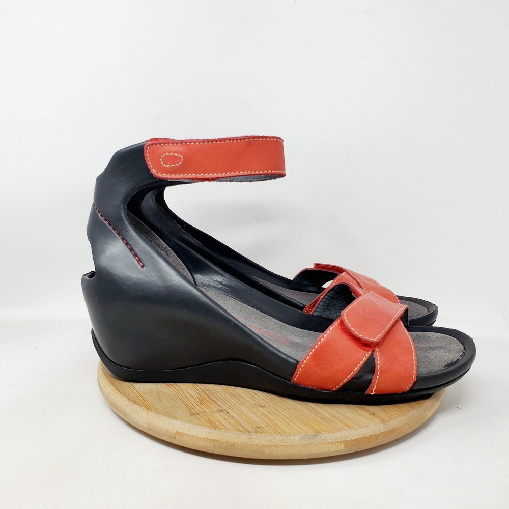 Wolky Era Wedge Sandals Womens 41 Red Leather Black Adjustable Ankle Strap Shoes
